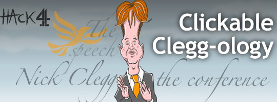 Animated cartoon caricature of Liberal democrat party Leader Nick Clegg speaking at his 2008 party conference. Cartoon published at Channel 4 News. Drawn by Matt Buck Hack Cartoons. Copyright and all image rights Matt Buck Hack Cartoons