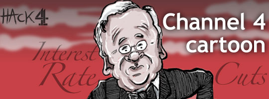 Cartoon caricature of Mervyn King, governor of the Bank of England cuts the bank base interest rate by 1.5%. Published by Channel 4 News. Drawn by Matt Buck Hack cartoons. Copyright and all image rights Matt Buck Hack cartoons