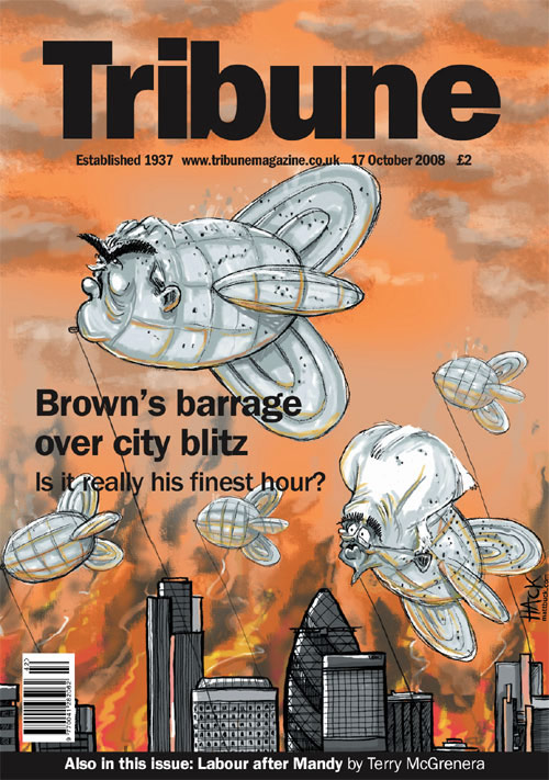 Economy in crisis cartoon caricature of Gordon Brown and Alastair Darling defending the City of London and its banks and financial institutions. The PM and the chancellor have part-nationalised many of Britain's major finance houses in the wake of the global fianncial crisis, or credit crunch. Published as the cover cartoon image for Tribune newspaper in the United Kingdom. Drawn and made by Matt Buck Hack cartoons. Copyright and all image rights Matt Buck Hack Cartoons.
